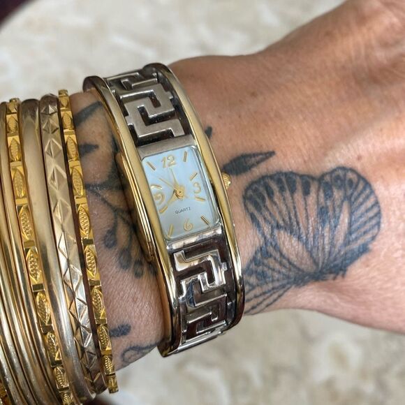 Greek Key Gold & Silver Tone Cuff Hinged Bangle Watch - Picture 2 of 12